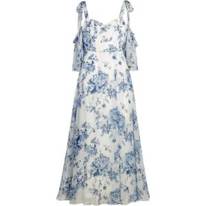 Thread Floral Maxi Dress Blue White Bow Tie Strap Sz 14 Cottagecore Coquette